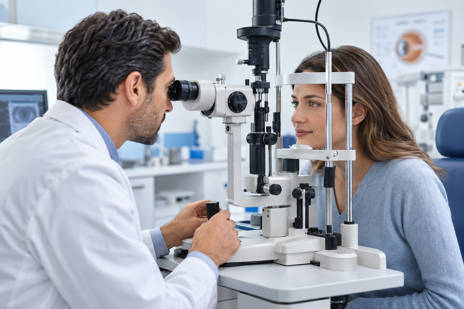 Illustrative eye examination in a clinic