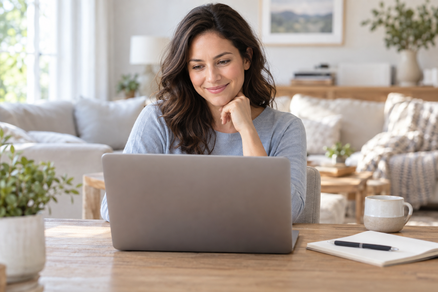 A woman using her laptop at home
